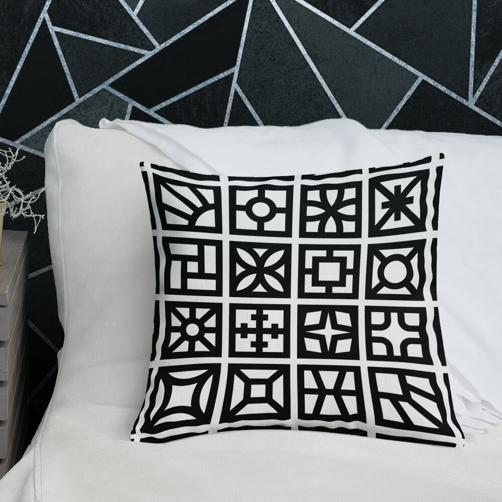 Copy of Mid Century Modern Black and White Breeze Blocks 18" Square Throw Pillow on a bed