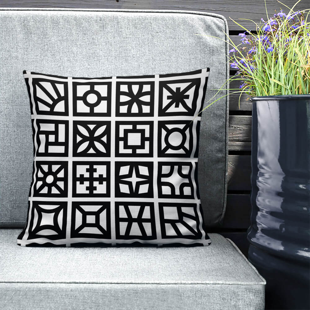 Copy of Mid Century Modern Black and White Breeze Blocks 18" Square Throw Pillow on a patio bench