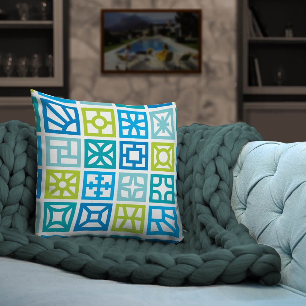 Mid Century Modern Blue Breeze Blocks 18" Square Throw Pillow on a sofa