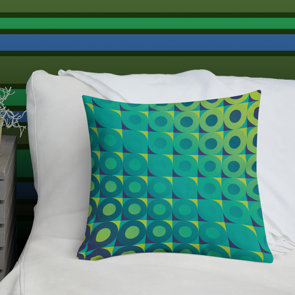 Mid Century Modern Aqua Green LifeSavers 18" Square Throw Pillow on a bed