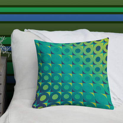Mid Century Modern Aqua Green LifeSavers 18" Square Throw Pillow on a bed