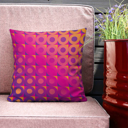Mid Century Modern Orange Pink LifeSavers 18" Square Throw Pillow on a patio bench