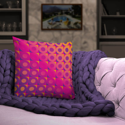 Mid Century Modern Orange Pink LifeSavers 18" Square Throw Pillow on a sofa