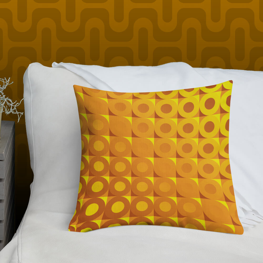 Mid Century Modern Orange Yellow LifeSavers 18" Square Throw Pillow on a bed