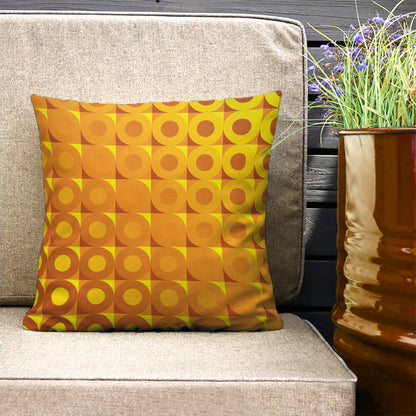 Mid Century Modern Orange Yellow LifeSavers 18" Square Throw Pillow on a patio bench