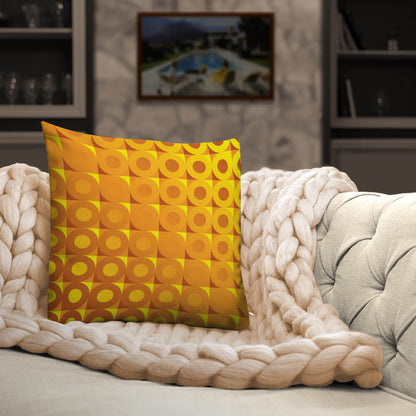 Mid Century Modern Orange Yellow LifeSavers 18" Square Throw Pillow on a sofa