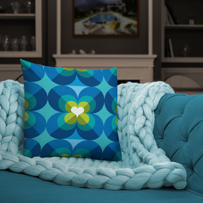 Mid Century Modern Aqua Blue LoverLeaf 18" Square Cushion Throw Pillow on a sofa