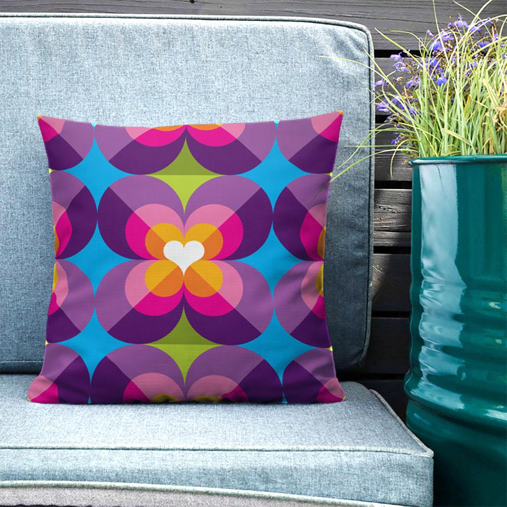 Mid Century Modern Purple Blue LoverLeaf 18" Square Cushion Throw Pillow on Outdoor Sofa