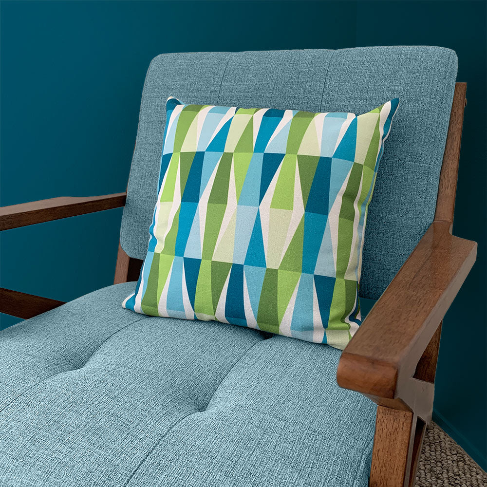 Mid Century Modern Aqua Green LozAnges 18" Square Cushion Throw Pillow on a vintage chair