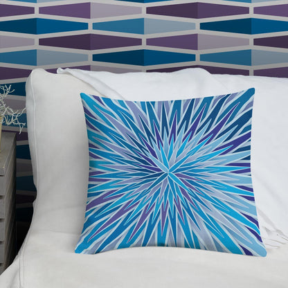 Mid Century Modern Blue Indigo SpiroBurst 18" Square Throw Pillow in a bedroom