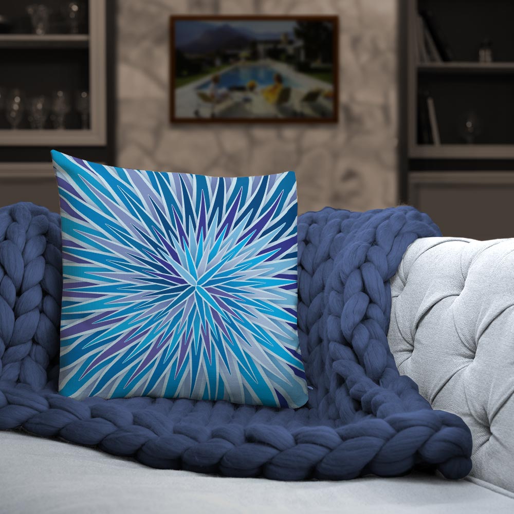 Mid Century Modern Blue Indigo SpiroBurst 18" Square Throw Pillow on a sofa