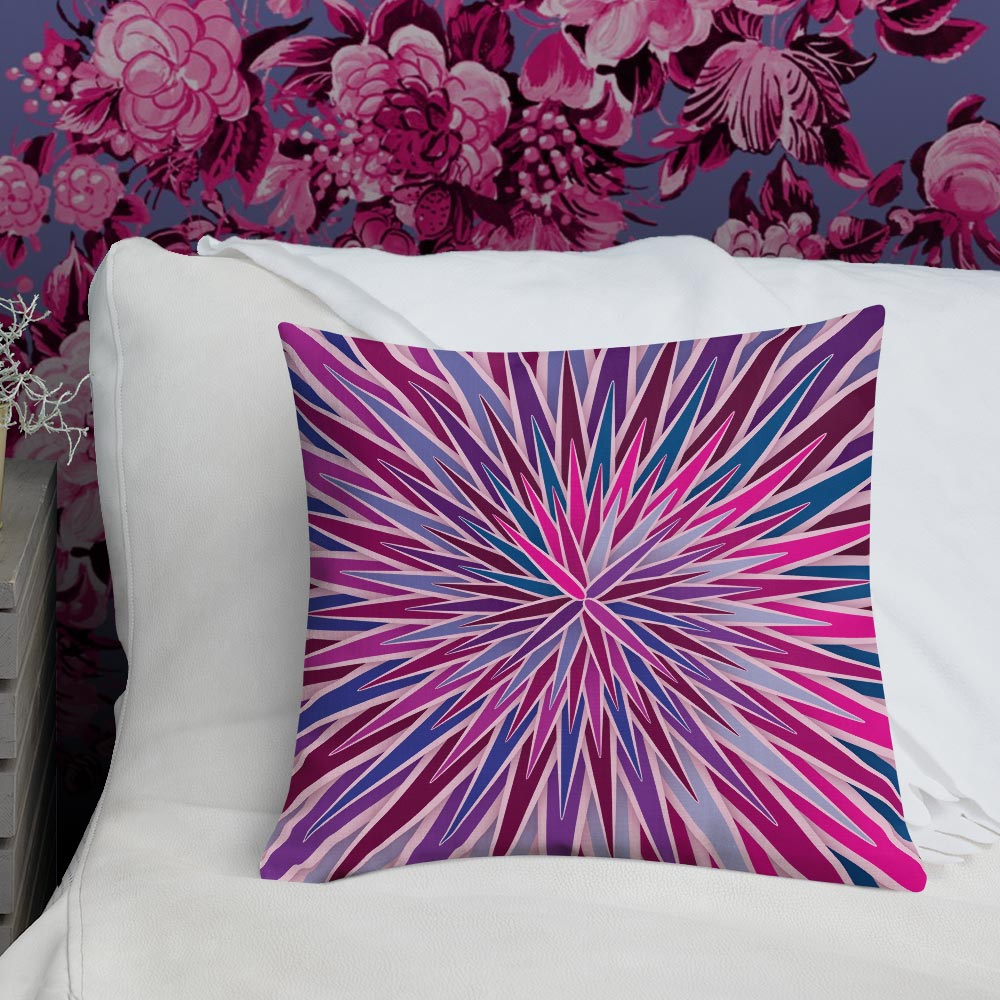 Mid Century Modern Purple Pink SpiroBurst 18" Square Throw Pillow in a bedroom