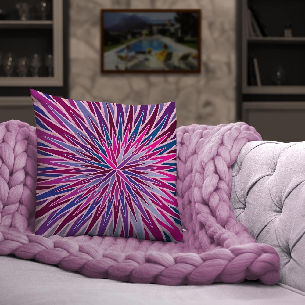 Mid Century Modern Purple Pink SpiroBurst 18" Square Throw Pillow on a sofa