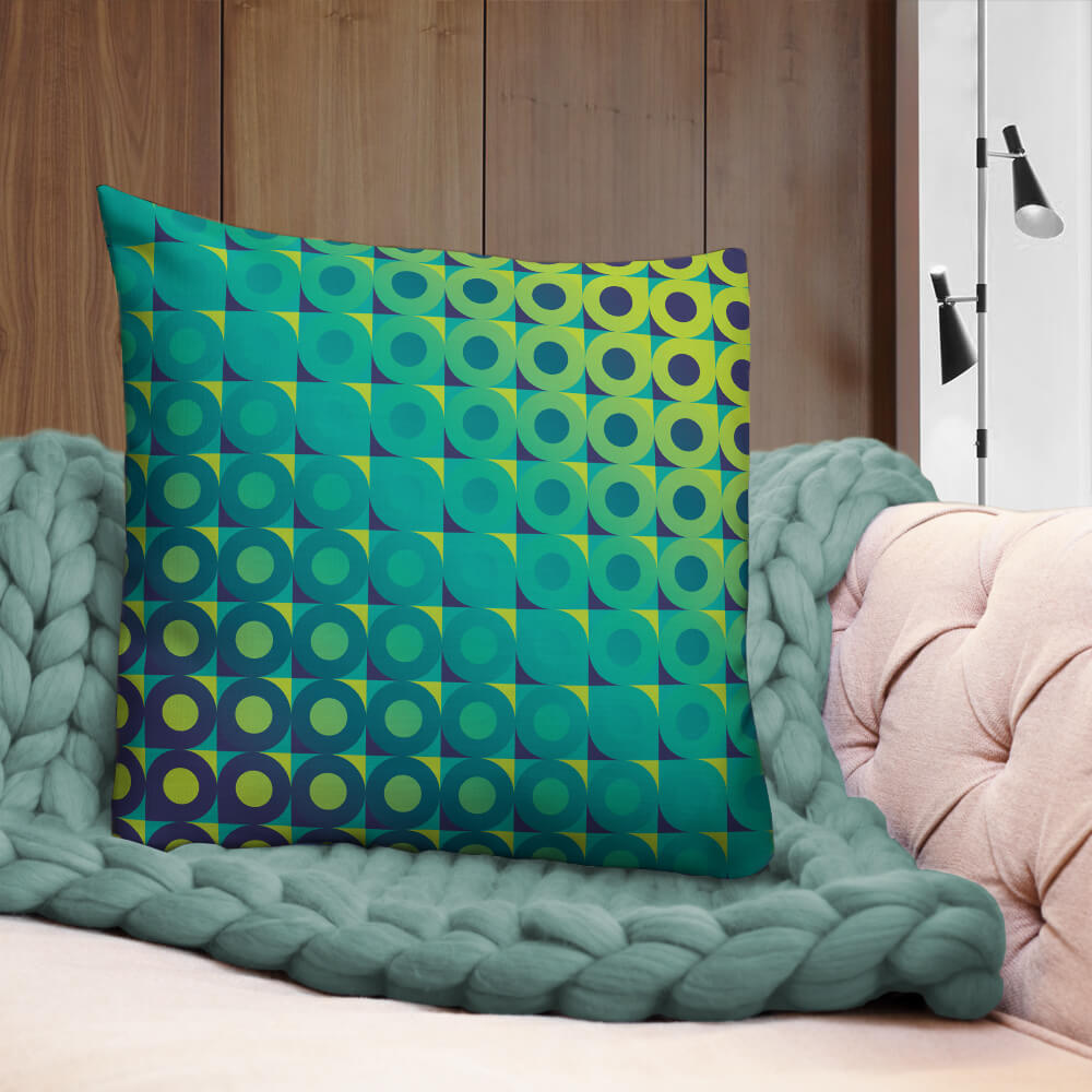 Mid Century Modern Aqua Green LifeSavers 22" Square Throw Pillow on a sofa