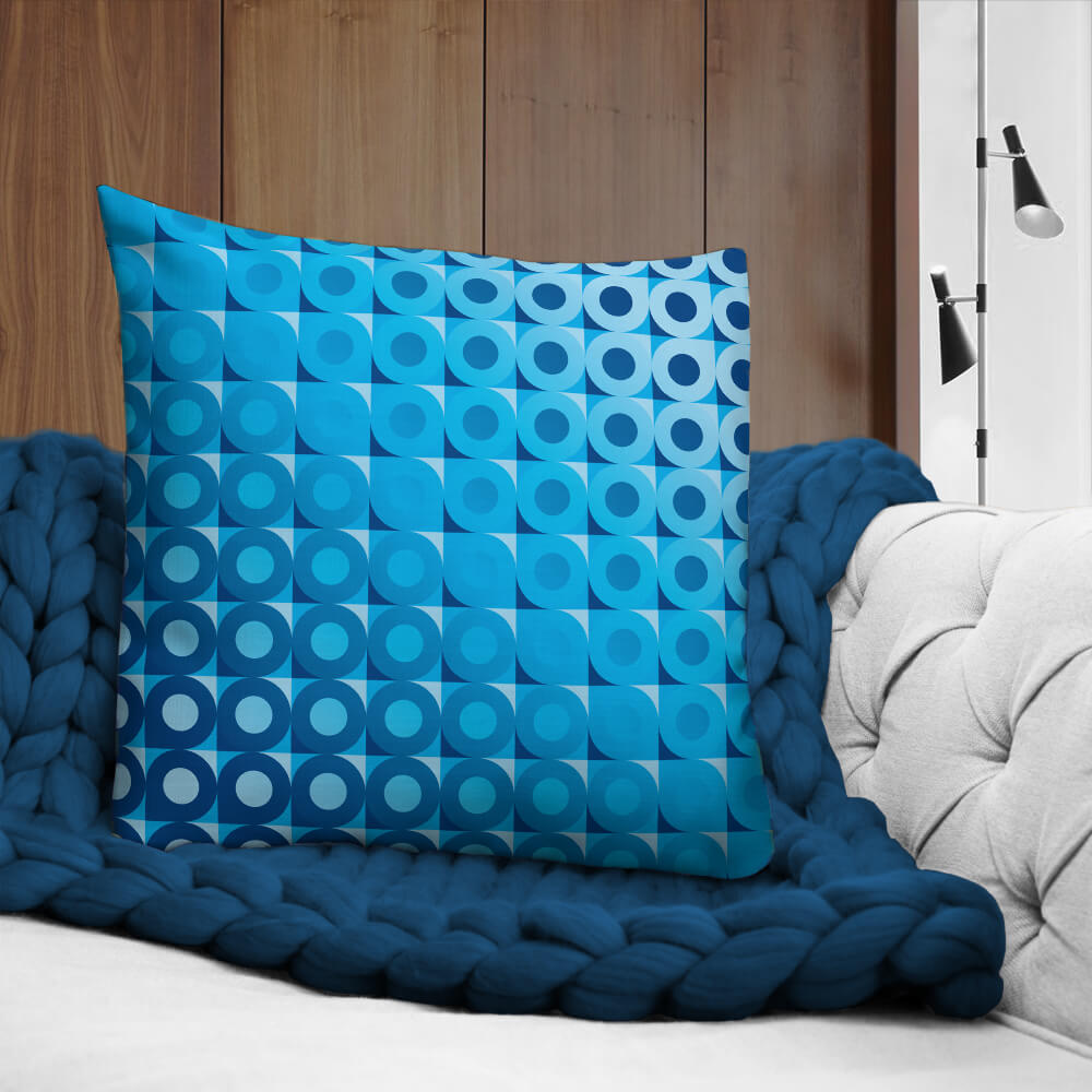Mid-century Modern Blue LifeSavers 22" Square Throw Pillow on a sofa