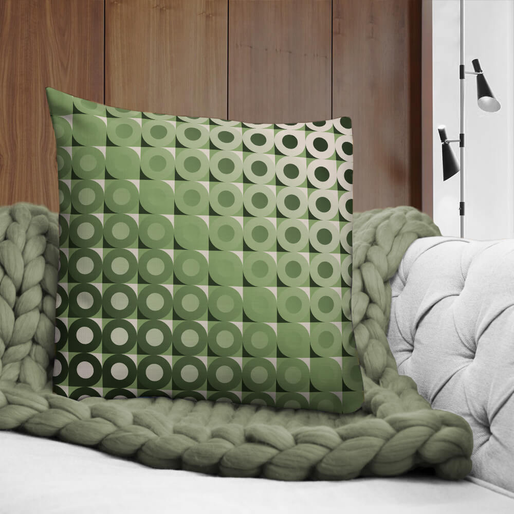 Mid Century Modern Camel Green LifeSavers 22" Square Throw Pillow on a sofa
