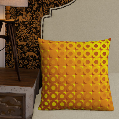 Mid Century Modern Orange Yellow LifeSavers 22" Square Throw Pillow on a bed