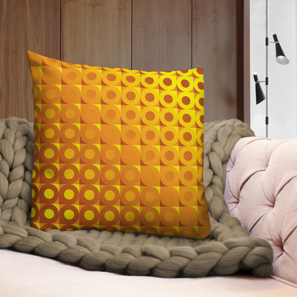 Mid Century Modern Orange Yellow LifeSavers 22" Square Throw Pillow on a sofa