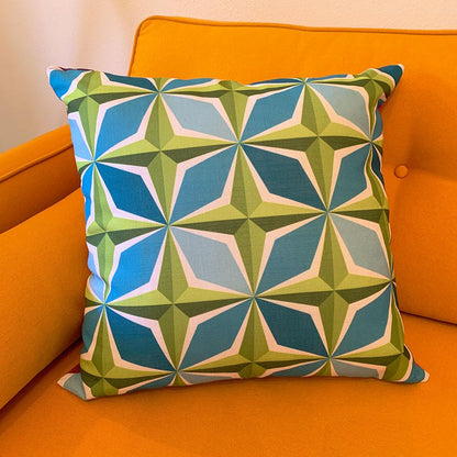 Mid Century Modern Aqua Green PolaRise 22" Square Cushion Throw Pillow close-up on sofa