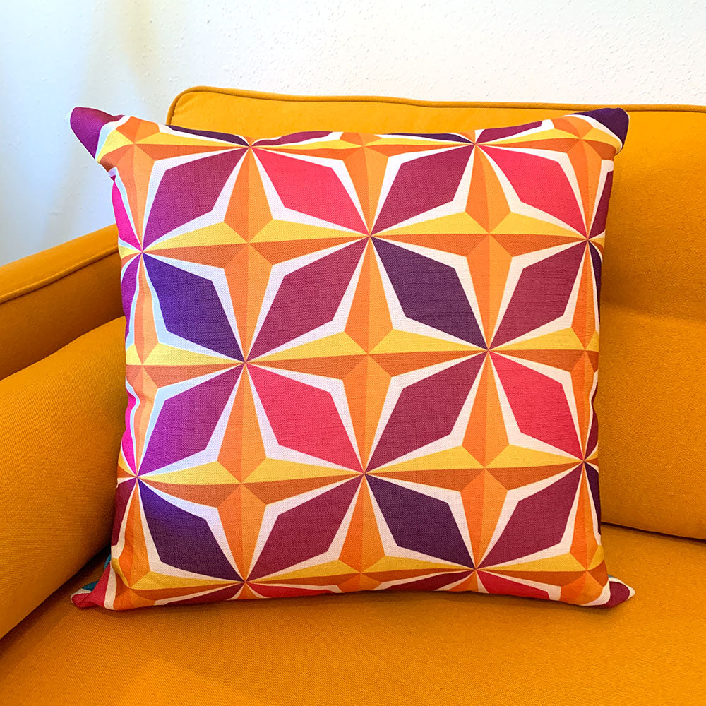Mid Century Modern Orange Pink PolaRise 22" Square Cushion Throw Pillow close-up on sofa