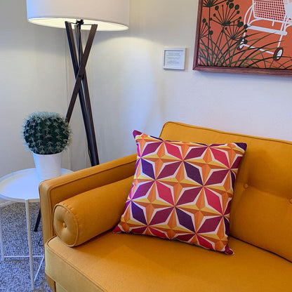 Mid Century Modern Orange Pink PolaRise 22" Square Cushion Throw Pillow on sofa