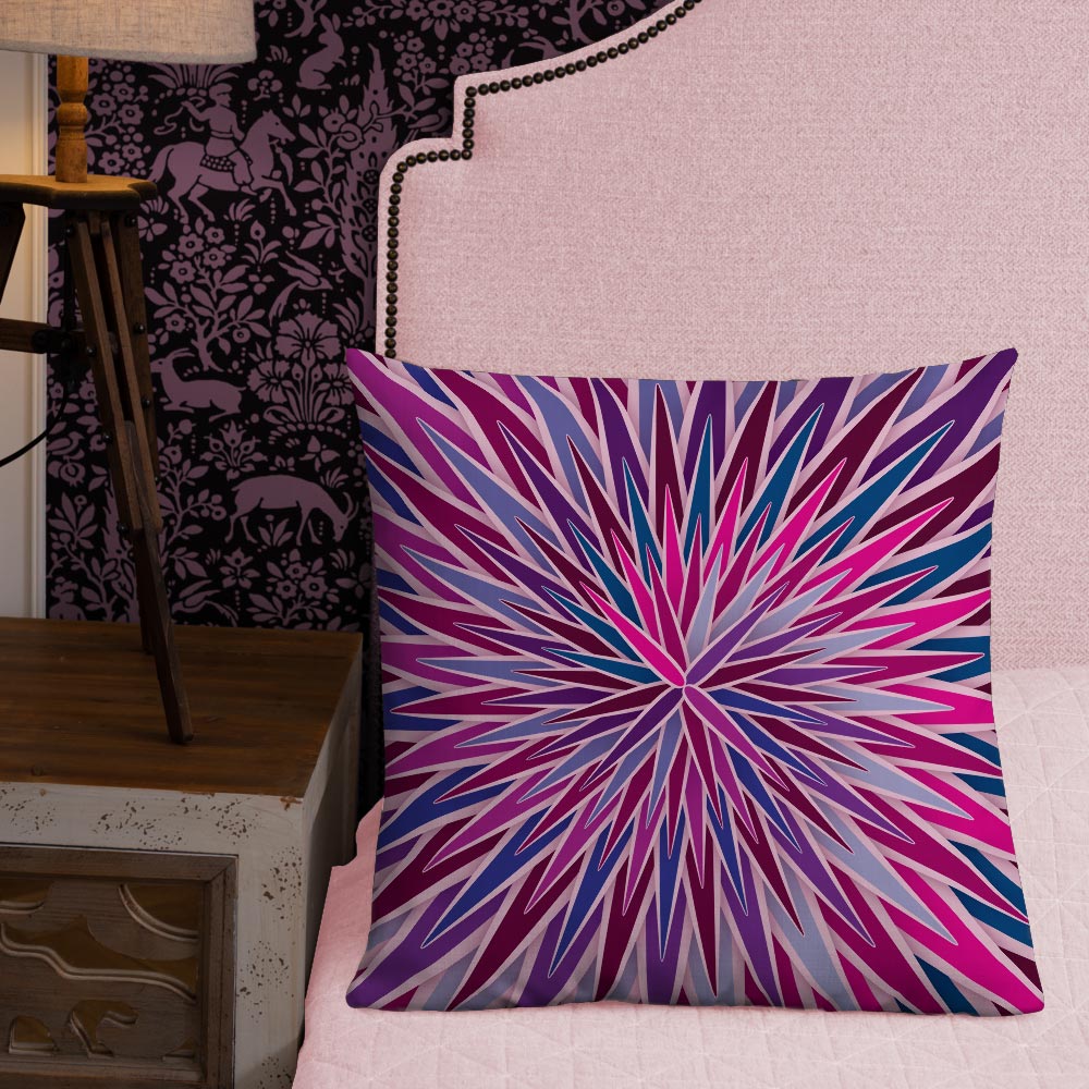 Mid Century Modern Purple Pink SpiroBurst 22" Square Throw Pillow in a bedroom