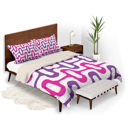 Mid Century Modern Purple Pink ZipperDee Duvet Cover queen size in a bedroom decor