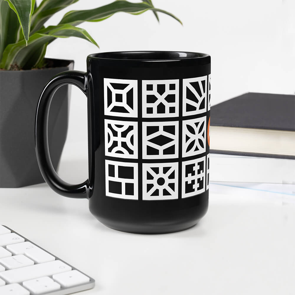 Mid Century Modern Black and White Breeze Blocks 15oz Mug on a desk