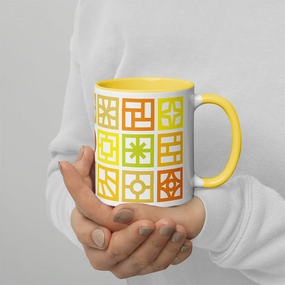 Mid Century Modern Bright Breeze Blocks 11oz Mug with Color Inside in a woman hands