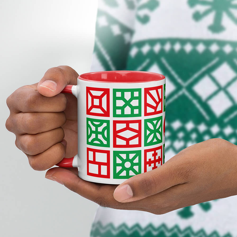 Mid Century Modern Christmas Breeze Blocks 11oz Mug with Color Inside in a man's hands