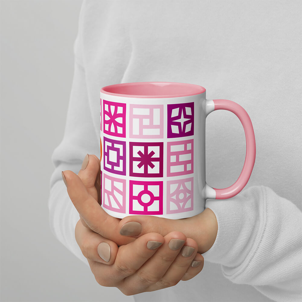 Mid Century Modern Pink Breeze Blocks 11oz Mug with Color Inside in a girl's hands