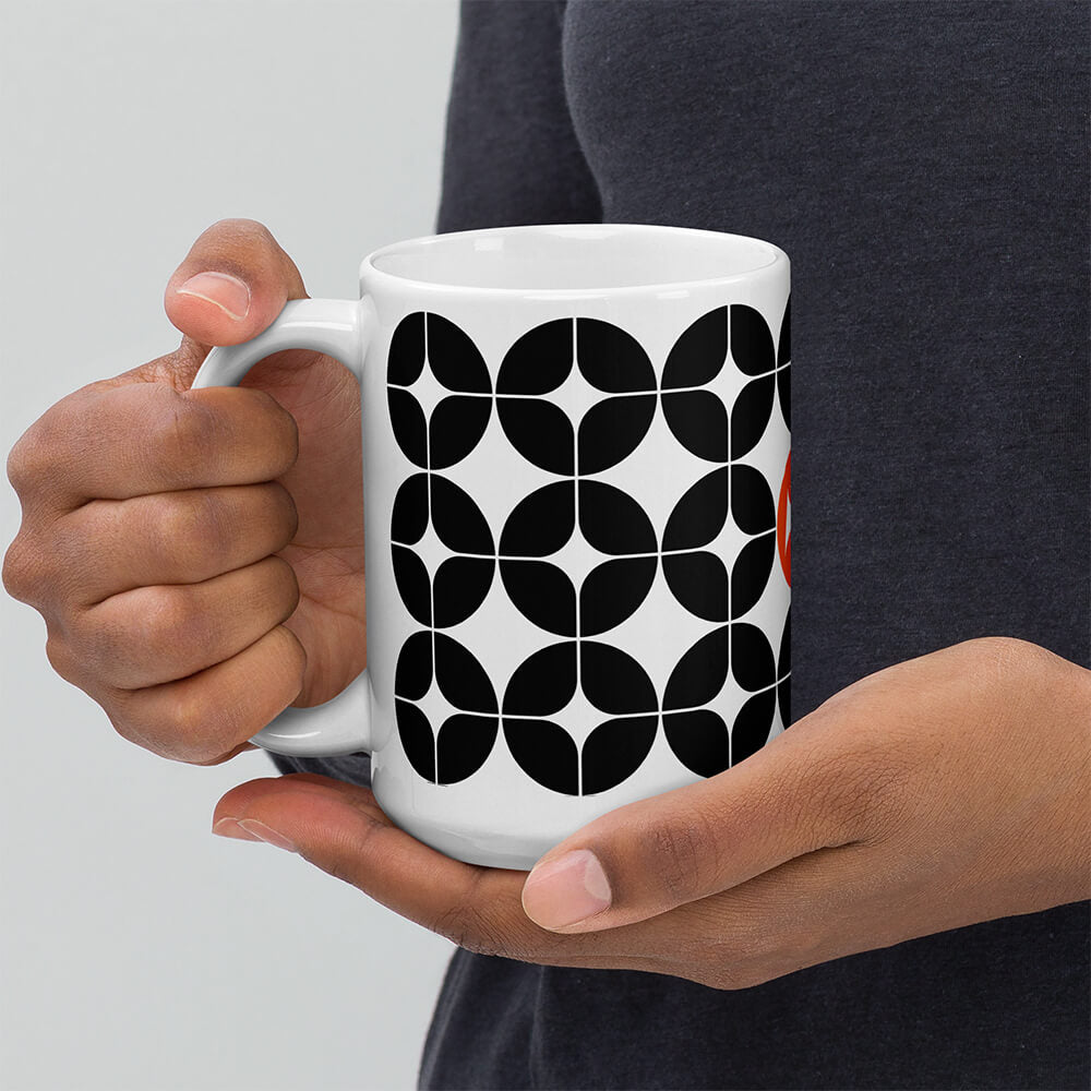 Mid Century Modern Black and White StarChips 15oz Mug in a man's hands