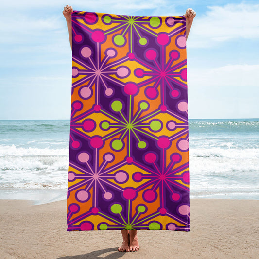 Mid Century Modern Mutlicolour PsychoFlakes Beach and Pool Towel Front View