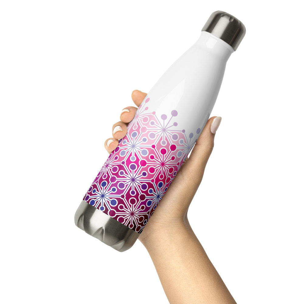 Mid Century Modern Frozen Pink PsychoFlakes 17 oz Stainless Steel Water Bottle in hand