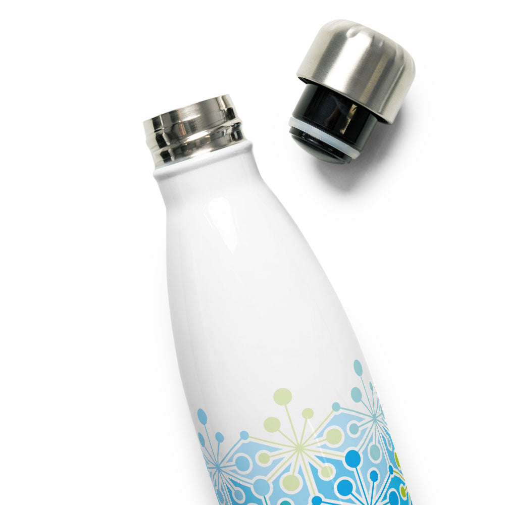 Mid Century Modern Icy Blue PsychoFlakes 17 oz Stainless Steel Water Bottle with open cap