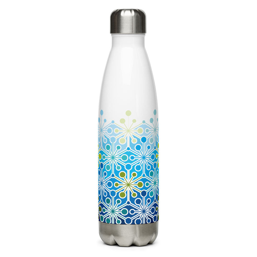 Mid Century Modern Icy Blue PsychoFlakes 17 oz Stainless Steel Water Bottle front view